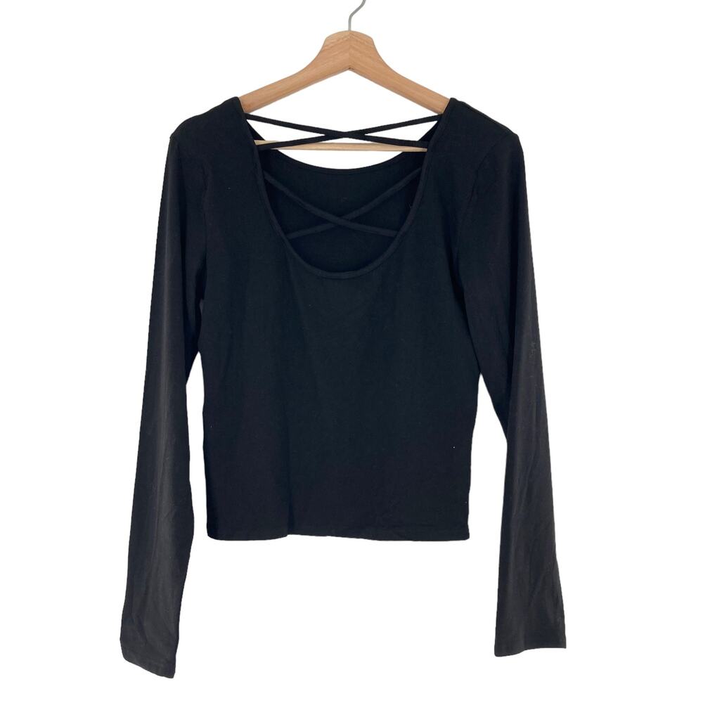 Derek Heart Cross Back Strap Long Sleeve Black Tee Cotton Blend
